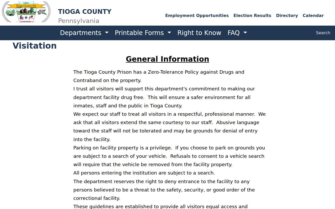 Tioga County Prison official visitation information