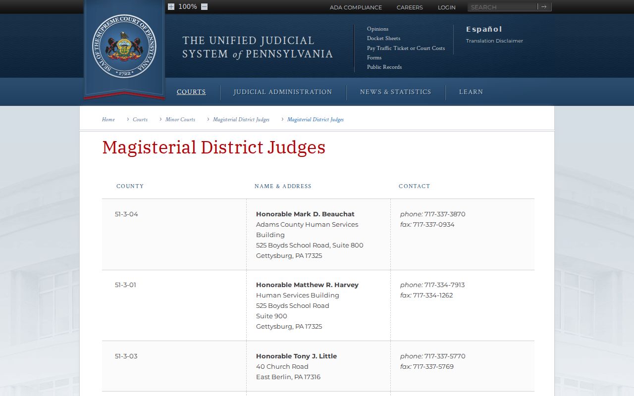 Pennsylvania courts directory for Magisterial District Court addresses